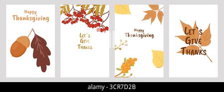 Thanksgiving-Poster-Set mit festlichem Herbstdesign. Für Werbematerial für Weihnachtsdekorationen in sozialen Medien und saisonale Einladungen. Vektorabbildung Stock Vektor