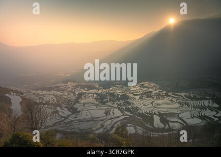 Sonnenaufgang über Yuanyang-Reisterrassen in Yunnan, China, einer der neuesten UNESCO-Weltkulturerbestätten. Stockfoto