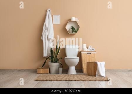 Das Innere des Toiletten mit Toilettenschüssel, Korb und Bademantel Stockfoto