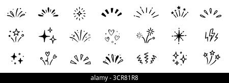 Element Set für Line Surprise-Symbol. Von Hand gezeichnete Sonnenstrahlen, glitzernde Comic-Stars und verspielte Überraschungsstrahlen mit komischen Starburst- und skurrilen Sonnenschein-Comic-Elementen. Vektorabbildung Stock Vektor