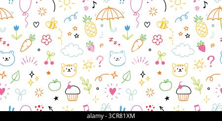 Hintergrund mit Kindermuster. Nahtloses süßes Muster mit bunten handgezeichneten Ikonen von Bär, Katze, Kirsche, Cupcake und Ananas. Lustige Zeichentrickbiene, Wolke, Blumen-Kritzelhintergrund. Vektorabbildung Stock Vektor