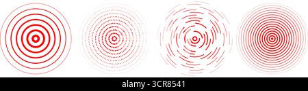 Roter radialer konzentrischer Kreis. Erfassung von Schallwellensignalen. Halbton-, gestrichelte und gepunktete Ringe für Epizentrum-, Ziel-, Radar- und Erdbeben-Schockwellen-Symbole. Vektorwelligkeit expansive Vibrationselemente Stock Vektor