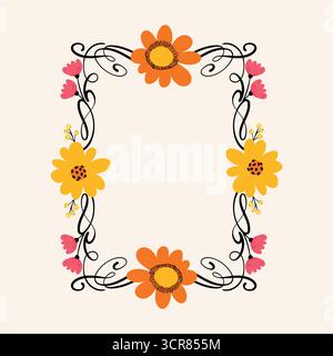 Handgezeichneter Blumenrahmen mit dekorativen orangefarbenen und gelben Gänseblüten und Wirbeln. Niedlicher Doodle-Rahmen mit bunten Blumenelementen und skurrilen Elementen Stock Vektor