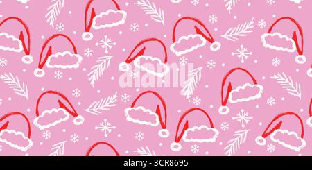 Rosafarbenes Weihnachtsmuster mit Cartoon Santa-Hüten, Schneeflocken, Kiefernzweigen und fallendem Schnee isoliert auf rosa Hintergrund. Farbenfroher Hintergrund Stock Vektor
