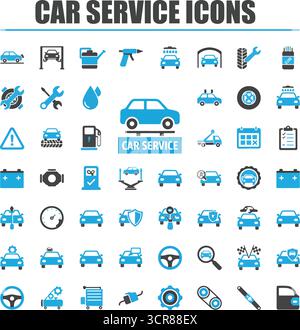 Autowartungssymbole Set: Technische Inspektion, Reparatur, Waschen, Lackieren Und Abschleppen - Lagervektor Stock Vektor