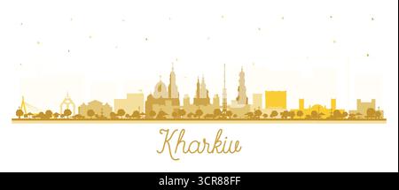 Charkiv Ukraine City Skyline Silhouette mit goldenen Gebäuden isoliert auf weiß. Vektorabbildung. Charkiv Stadtbild mit Wahrzeichen. Stock Vektor