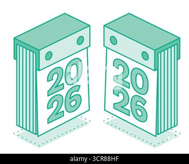 Isometrisches Kalendersymbol. 2026. Vektordarstellung. Isoliertes Objekt. Kalender abreißen. Umrissstil. Stock Vektor
