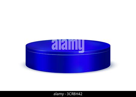Rundes blaues Neonpodium isoliert auf weißem Hintergrund. Kann zur Produktvorführung verwendet werden. Realistische Vektordarstellung. Stock Vektor