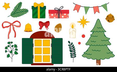 Festliche Sammlung von Weihnachts- und Neujahrselementen im flachen Vektorstil, darunter dekorierte Bäume, Geschenke, Bänder, Kerzen, und Sterne, isoliert auf Stock Vektor