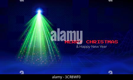 Frohe weihnachten und Happy New Year Grußkarte. Retro-futuristisches Synthwave-Poster im Stil von Computerspielen der 80er Jahre. Laser-Weihnachtsbaum, Pixelschrift Stock Vektor