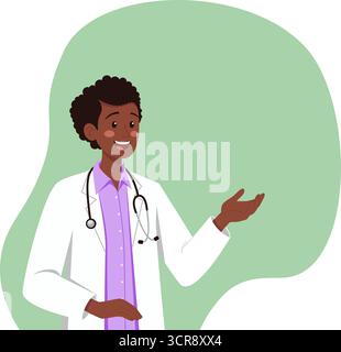Illustration einer fröhlichen Ärztin mit dunkler Haut in weißem Fell und Stethoskop, selbstbewusst mit geöffneter Handgeste stehend. Ideal für Stock Vektor