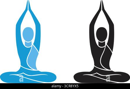 Yoga Meditation Pose Ikonen einer Person in einer meditativen Lotusposition mit erhobenen Händen, perfekt für Wellness Stock Vektor