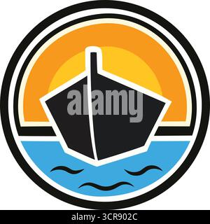 Ein nautisches Boot-Logo in einem Kreis mit Sonnenuntergang und Meereswellen, ideal für Marinegeschäfte, Reisen oder Angeln Stock Vektor