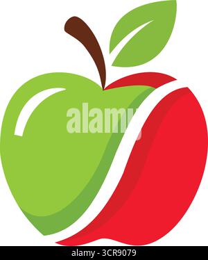 Zweifarbiges Apfellogo, halb grün und halb rot mit einem Blatt, eine Illustration für gesunde Lebensmittel, natürliche Produkte, Obst Stock Vektor