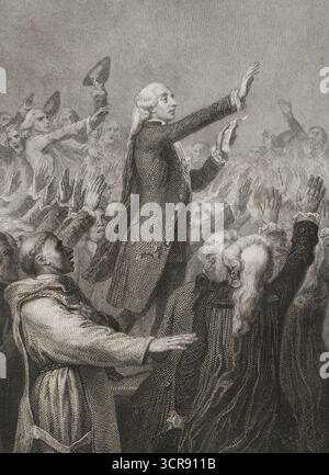 Französische Revolution. Tennisplatz-Eid (20. Juni 1789). Feierliches Versprechen der union mit dem Ziel, dem Ancien-Regime ein Ende zu bereiten. Sie fand auf einem Tennisplatz (Jeu de Paume) in Versailles von 578 französischen Abgeordneten statt. Sie wurden 1789 als Teil der Generalstände einberufen und waren mit überwältigender Mehrheit Mitglieder des Dritten Anwesens, mit einigen Vertretern des Klerus und des Adels. Zeichnung von Raffet. Stich von Burdet. Histoire de la Révolution Francaise (Geschichte der Französischen Revolution), von M. A. Thiers. Band I. Paris, Furne et Cie, 1845. Stockfoto