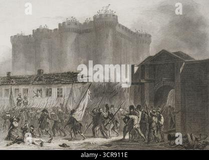 Französische Revolution. Paris. Sturm auf die Bastille am 14. Juli 1789. Zeichnung von Raffet. Stich von Burdet. Histoire de la Révolution Francaise (Geschichte der Französischen Revolution), von M. A. Thiers. Band I. Paris, Furne et Cie, 1845. Stockfoto