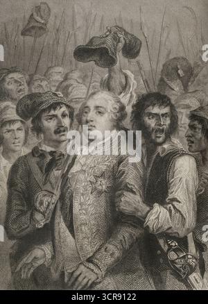 Französische Revolution. Paris. Am 20. Juni 1792 Griff die Menge den Tuilerien-Palast an, in dem König Ludwig XVI. (1754–1793) Zuflucht suchte. Der König bedrohte die Mafia und musste die Phrygische Mütze anziehen. Zeichnung von Raffet. Stich von Burdet. Histoire de la Révolution Francaise (Geschichte der Französischen Revolution), von M. A. Thiers. Band II. Paris, Furne et Cie, 1845. Stockfoto