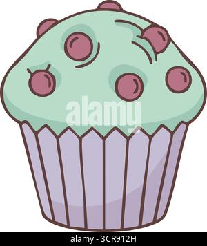 Ein flauschiger Cupcake in einer Lavendeltasse, garniert mit hellgrüner Glasur und verstreuten Heidelbeeren Stock Vektor