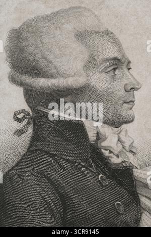 Maximilien Robespierre (1758-1794). Französischer Schriftsteller, Anwalt und Politiker. Einer der Führer der Französischen Revolution. Zweimal Präsident des Nationalkonvents, Mitglied der Jakobiner und des Ausschusses für öffentliche Sicherheit. Hochformat. Kupferstich von Geoffroy. Details. Histoire de la Révolution Francaise (Geschichte der Französischen Revolution), von M. A. Thiers. Band III. Paris, Furne et Cie, 1845. Stockfoto
