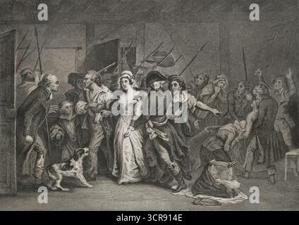 Jean-Paul Marat (1743-1793). Französischer Wissenschaftler und Arzt, der während der Französischen Revolution zu einem wichtigen Politiker wurde. Jakobiner Führer, er verteidigte den Terror. Ermordung von Marat, 13. Juli 1793. Verhaftung von Charlotte Corday (1768–1793), begleitet von einer Gruppe von Sans-Culottes, als sie den Raum verlässt. Zeichnung von Scheffer. Stich von Auguste Blanchard (1792-1849). Histoire de la Révolution Francaise (Geschichte der Französischen Revolution), von M. A. Thiers. Band IV. Paris, Furne et Cie, 1845. Stockfoto