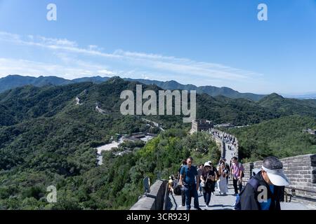 Peking, China - 18. September 2025 : Besucher spazieren auf einem historischen Abschnitt der Chinesischen Mauer, einem antiken Wunder, das sich durch üppige Berge schlängelt Stockfoto