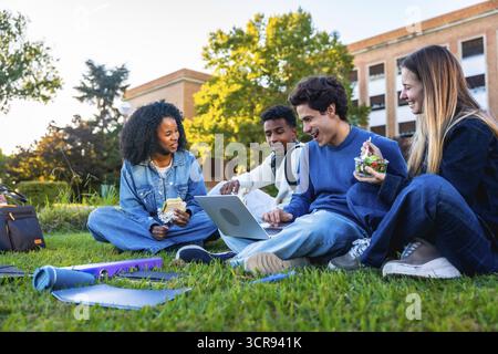 Eine Gruppe verschiedener Universitätsstudenten sitzt auf dem grünen Gras-Campus, teilt sich einen Laptop, lernt, lächelt und genießt ein gemeinsames Mittagessen bei einer Mahlzeit Stockfoto