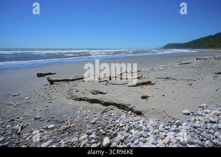 Felsiger Strand mit Treibholz und Blick auf das blaue Meer, Westküste, Südinsel, Neuseeland Stockfoto