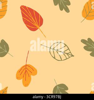 Nahtloses Muster mit Blättern in Grün, Beige und Gelb. Perfekt für Hintergrundbilder, Geschenkpapier, Musterfüllungen, Webseiten-Hintergrund, Herbstgrußkarten. Stock Vektor