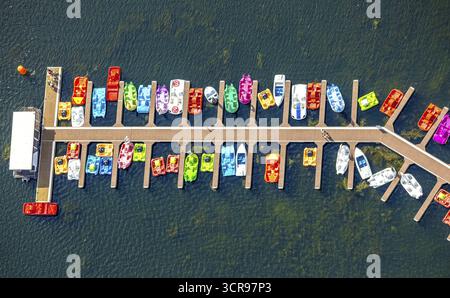 Vogelperspektive, farbenfrohe Tretboote an einem Steg am Unterbacher See auf dem Campingplatz Nord, Unterbach, Düsseldorf, Ruhrgebiet, Nordrhein-Westfalen Stockfoto