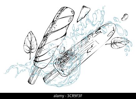 Schmelzende Stiele mit Hochglanzbeschichtung, Minzblätter, Spritzer und Wassertröpfchen, Wellen. Vektorgrafik, handgezeichnet in Stifttinte, Linie Stock Vektor