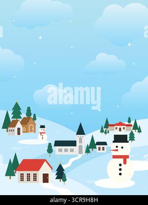 Winterfeierlandschaft mit Schneemännern und gemütlichen Häusern. Vektorabbildung Stock Vektor