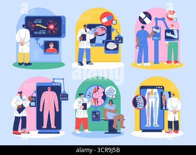 Medizinische Mini-Kompositionen, die anatomische Untersuchungen und die menschliche Körperdiagnostik zeigen Stock Vektor