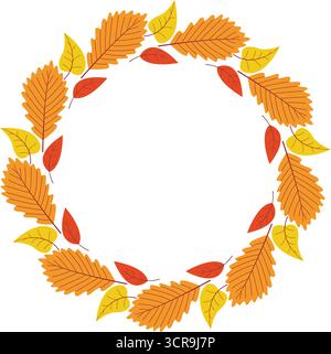 Farbenfroher Herbstblattkranz. Laubrahmen der Herbstsaison. Blätter im Kreis, gemütliche Herbststimmung, flacher Rand, Vektorelement Stock Vektor