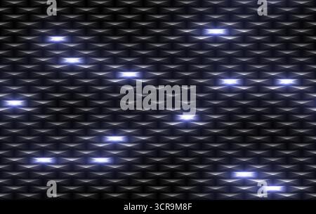 Vektorschwarzes Metallgitter nahtloser Hintergrund blauer Lichteffekt Glühzellen. Diamantform futuristische dunkle Eisentechnologie endlose Textur. Webseite füllen Stock Vektor