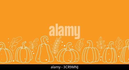 Horizontaler orangefarbener Hintergrund mit Kürbissen und Laub. Weiße Silhouetten aus Kürbisgemüse und Blättern bilden einen Rahmen. Herbstsaison Stock Vektor