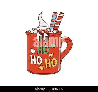 Retro-Cartoon-groovige Weihnachtsbecherfigur. Rote Tasse, dekoriert mit ho ho ho Text, Blumen und Herzen, gefüllt mit heißer Schokolade, Schlagsahne, Marshmallows und gestreiften Bonbons genießen Urlaub Stock Vektor