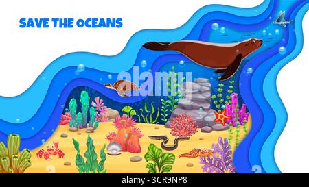 Bewahren Sie das Papier geschnittene Banner mit Cartoon-Meerestieren in einer tiefen Unterwasserlandschaft auf. 3D-Vektor-Umweltschutz und Weltmeertag-Bewusstsein mit Robben, Fischen, Krabben und Schildkröten auf dem Meeresboden Stock Vektor