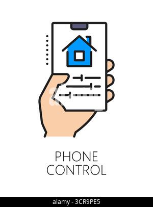 Farblinie oder Symbol für Heimsicherheitstelefon. Smart Home Security Technologie Thin Line Vektor Piktogramm oder Schild. Symbol für Sicherheit und Schutz im Haus oder Symbol mit Smartphone in der menschlichen Hand Stock Vektor