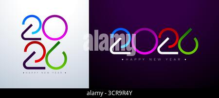 Happy New Year 2026 Logo Typografie Design mit abstrakter Zahl auf weißem und schwarzem Hintergrund. Weihnachtsfeiertag Grußkarte Illustration mit Stock Vektor
