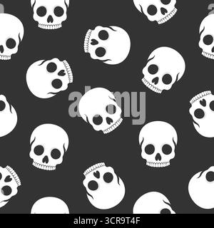 Nahtloses Muster mit menschlichem Schädel. Schädel ohne Unterkiefer auf schwarzem Hintergrund. Vektorabbildung Stock Vektor