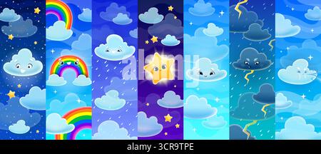 Collage der Comic-Wetterfiguren. Vektor-Set von niedlichen Zeichentrickmustern mit verspielten lächelnden Wolken, Regenbögen, Blitzen, Regentropfen, Sternen, und Wind. Der Streifen mit dem Thema Himmel zeigt eine andere Wetterstimmung Stock Vektor