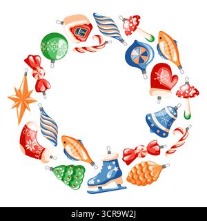 Festlicher Kranz aus farbenfrohem Weihnachtsbaumschmuck, Stern, Glocke, Fäustlinge, Schlittschuhe, Zuckerrohr in einem kreisförmigen Rahmen auf weißem Hintergrund angeordnet Stock Vektor