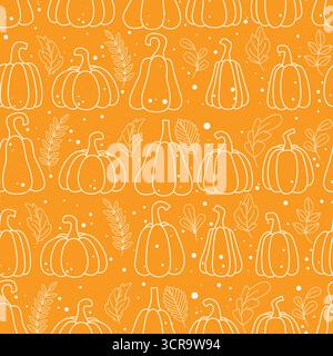 Kuscheliges, nahtloses Herbstmuster mit Kürbis- und Blattsilhouetten. Muster der Herbstsaison. Warmer Herbstdruck für Textilien, Stoff, Papier, Verpackung, an Stock Vektor