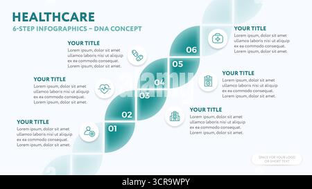 Medizinische Infografik-Vorlage mit DNA-Konzept – lineare 6-stufige Illustration für die Präsentation von Unternehmen mit Symbolen im Gesundheitswesen in flacher Form Stock Vektor