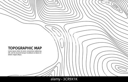 Relief topografisches Kartenkonturraster. Abstraktes topografisches Layout mit schwarzen Kurvenlinien, repräsentieren die geografische Geländestruktur für Kartographie oder geografische Ausbildung Stock Vektor