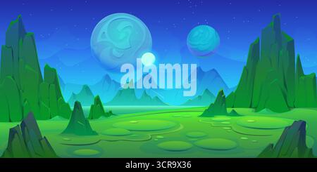 Space Green Planet Landschaft Vektor Spiel Hintergrund. Cartoon Alien Galaxy Universum Welt Fantasy Weltraum Planet mit grünen Bergen, Wüste und Felsoberfläche, Nachthimmel mit Sternen und Nebellandschaft Stock Vektor