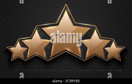 Goldener, glänzender 5-Sterne-Logo-Rahmen. Luxuriöses polygonales Steinschild, goldene Feldrand, schwarzer Hintergrund. Abstrakte Vektorprämie Stock Vektor
