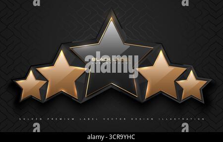Schwarzer, glänzender 5-Sterne-Logo-Rahmen. Luxuriöses polygonales Steinschild, goldene Feldrand, schwarzer Hintergrund. Abstrakte Vektorprämie Stock Vektor
