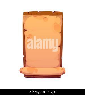 Piratenschild, Rahmen und Heraldik-Symbol. Zeichentrickvektor vertikale Rolle, altes Pergament mit gewellter Kante, die auf einem Holzbrett hängt. Vorlage für Fantasy-Spiele, alte Nachrichten oder Abenteuerkarten Stock Vektor