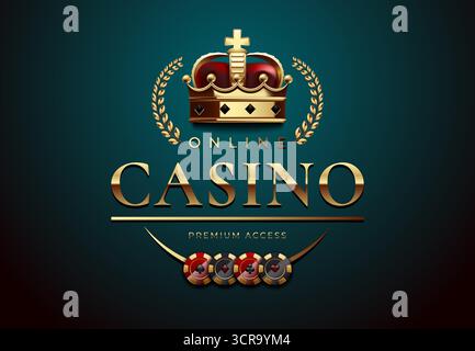 Luxuriöses Online Casino-Logo mit goldener Krone, Lorbeerkranz und Poker-Chips auf dunklem blauem Hintergrund. Ideal für Glücksspiel-Websites, Casino-Branding, Stock Vektor